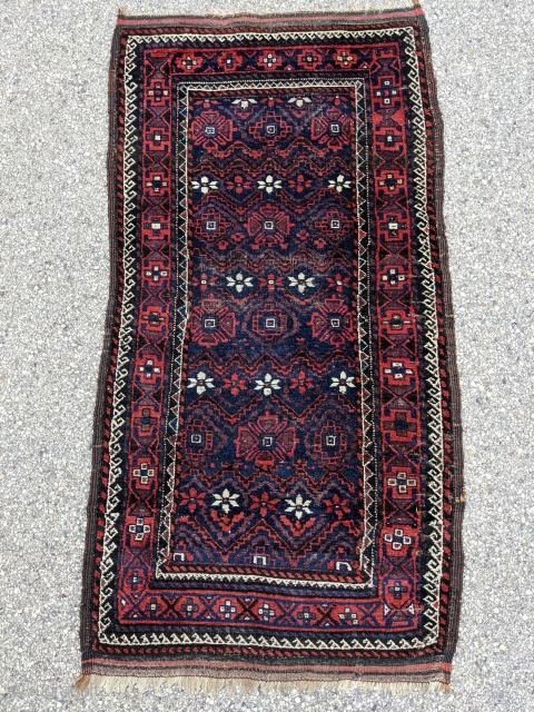 Antique mina khani Baluch rug. 3'0" x 5'8". Good original condition with shiny, soft wool and great colors.               