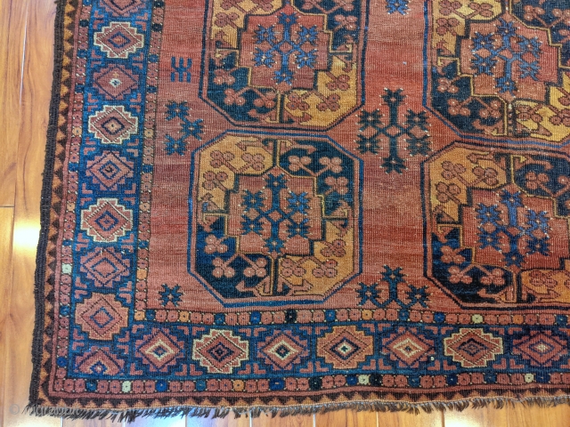 Late 19th century Ersari rug. 6'8" x 8'8". Wonderful range of colors and great border. Some scattered repairs.               