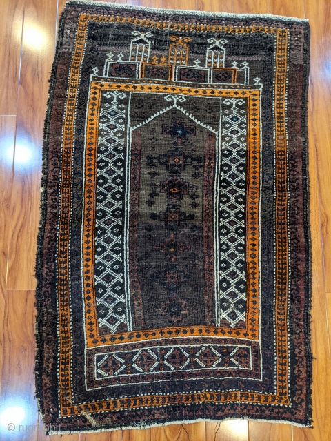 Antique Adraskand prayer rug from Western Afghanistan. 3'0" x 4'5" Silk highlights.                     