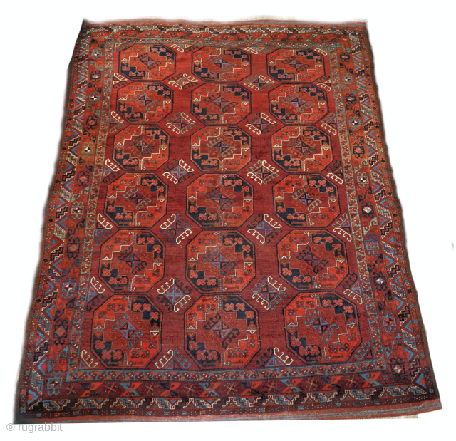 Wonderful Ersari main rug. I see it as 3rd quarter 19th century or earlier. It surprisingly has some use of silk, an unusual feature on an Ersari main. 9'2" x 6'11" or  ...