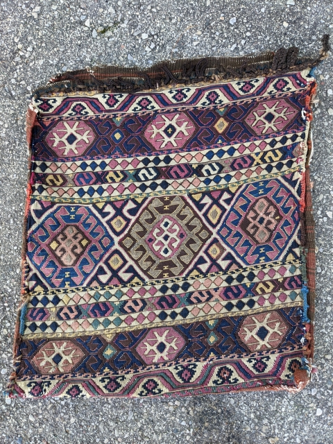 Antique Shahsavan bag. 1'7" x 1'10". I think it was a side panel of a mafrash that was made into a bag. Very tight weave.        