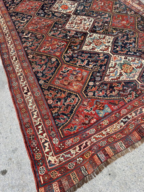Antique Khamseh rug, 19th century. 250 x 175cm or 8'3" x 5'9". It has a beautiful, more freeform drawing than many of its type. Unusual elems. Please contact me at steven.malloch@gmail.com or  ...