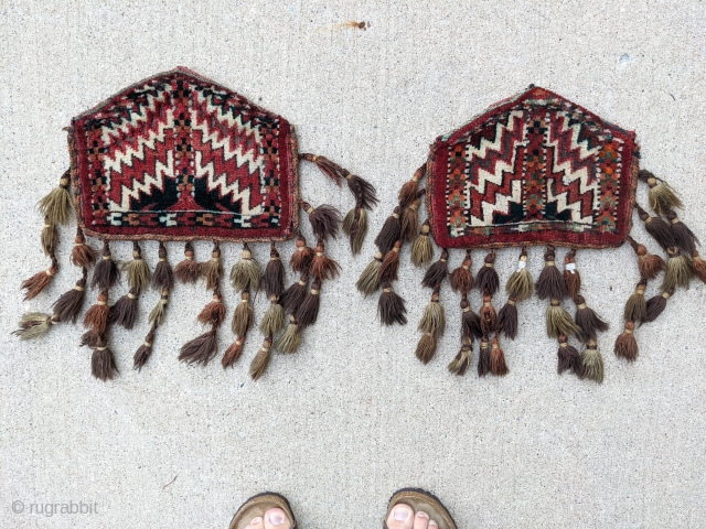 Old Yomut dizlyks, camel knee covers. 9" x 12". One has a great green color with original tassles. Full pile except one area of oxidized brown.       