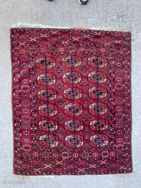 Antique Tekke wedding rug. Wonderful range of colors with stable dyes.  3'2" x 4'0" Mostly good pile with a few areas of low-medium height.

Cheers.        