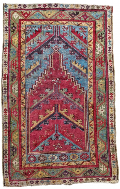 19th century Turkish Kirsehir, Mudjur prayer rug. Beautiful, natural colors. 3'5" x 5'5" or 103 x 163cm. Some repiling in the field, no large repairs        