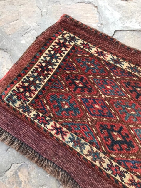 Antique Yomut Torba. It's an old one with lots of lovely green. Good dyes. 1'4" x 3'1"                