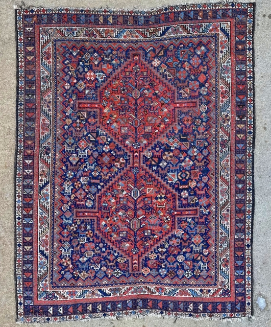 Beautiful antique Shiraz rug. 6'10" x 5'1" or 208 x 155 cm. Available. Contact me at: steven.malloch@gmail.com or gerrerugs@gmail.com              