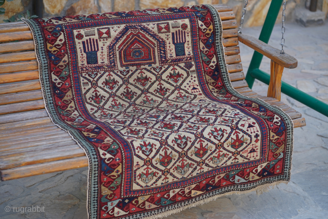 Beautiful, antique Daghestan prayer rug. This one has wonderful colors and a spacious drawing in the field. 137 x 105cm or 4'6" x 3'6". Contact me at Steven.malloch@gmail.com or gerrerugs@gmail.com for questions  ...