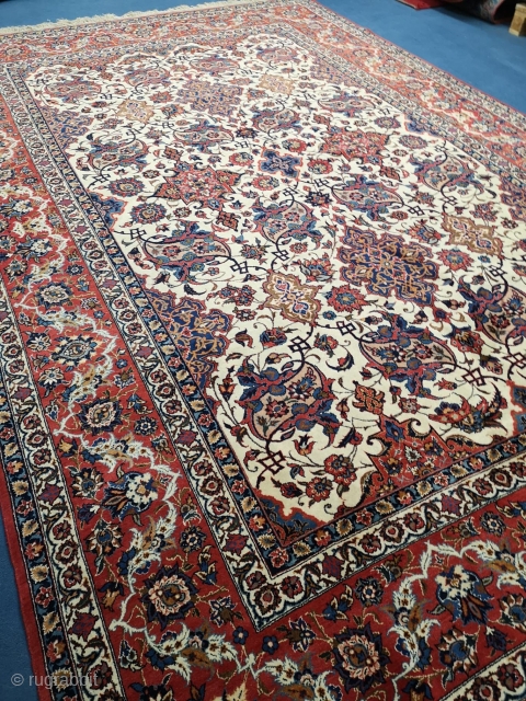 A beautiful antique Isfahan size 360x245, full pile, allover design. Fringe aren't original but repair man make a very nice job. 
           