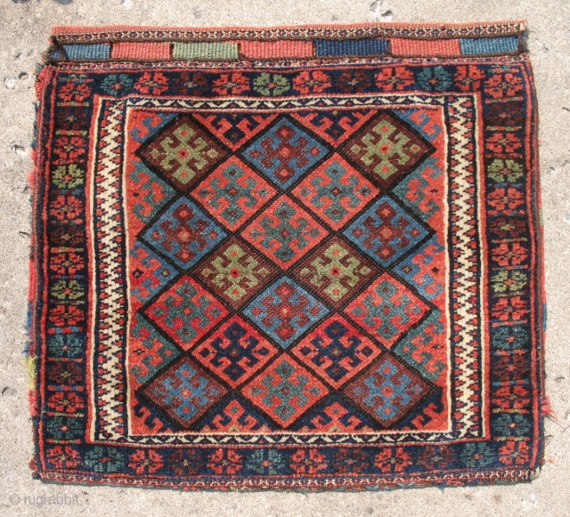 Jaff Kurd khorjeen / Bag complete with stripped flat woven back. 23 " X 26".
Wonderful soft colours.  Other than a puncture in the lower section on the flat woven back, the  ...