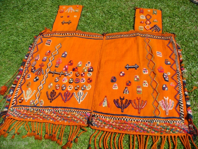 Early 20th Century Q'ashqai Camel Blanket with Decorative symbols and motifs of Stylized Tree Shrubs, Water and Flower Petals. Materials: Wool on Wool on Orange-coloured Ground. In very good condition, consistent with  ...