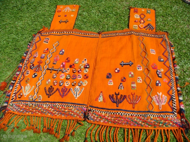 Early 20th Century Q'ashqai Camel Blanket with Decorative symbols and motifs of Stylized Tree Shrubs, Water and Flower Petals. Materials: Wool on Wool on Orange-coloured Ground. In very good condition, consistent with  ...