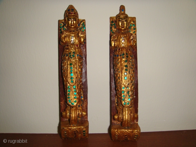 Rare, Antique 19thCentury Burmese Male & Female Guardian Spirit ("Nat") wooden satuettes. Lacquered, Gold-gilt with coloured mirror-glass inlay. Made as handles for a Prayer chamber door and/or cupboard for storing religious articles.  ...