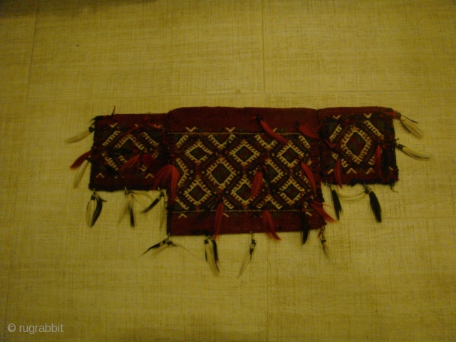 Rare, Early 20th Century Yamoud 3-Piece "Spoon Bag" (Qashoqdan) with Decorative Horsehair Tassels on Front.
Tribal Motif/Design Pattern: Burdock plant. Colours: Maroon-Red, Green and White Design on Front face. Horizontal Stripes of the  ...