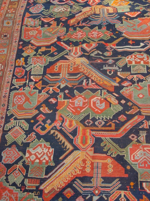 161x315cm  5.4x10.5ft

dated karabagh with stunning natural colors, the greens, blues and warm orange etc,
flat lying, selvedges cut and secured, clean , no holes, no tears two incisisions to make it lay  ...
