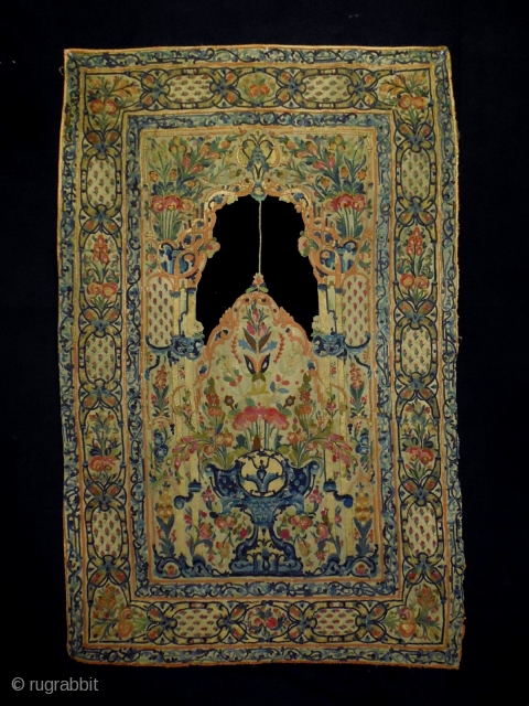 1800/20 Banya Luka Bosnia ottoman Textile
Size: 114x180cm (3.8x6.0ft)
Natural colors, gold thread, the middle medallion is made from dark burgundy velvet, it is used to be hung up.      