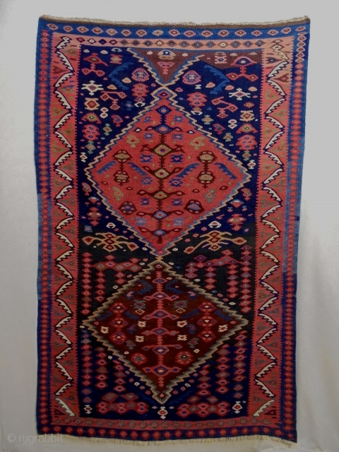 Tribal Bijar Kelim
Size: 117x190cm
Natural colors, made in period 1910, there are two small old repairs (see picture 8)               