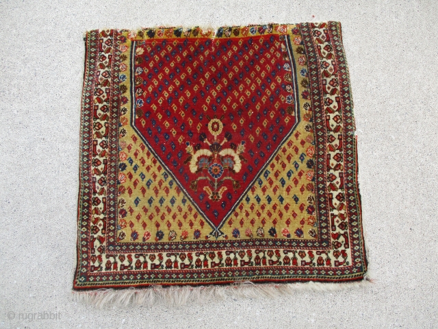 Extremely fine,silkwefted,ca.500 kpsi Quashgai saddle cover.
Mughal inspired floral centre,
ca.mid 19th.cent.Definitely a non commercial weaving.                   