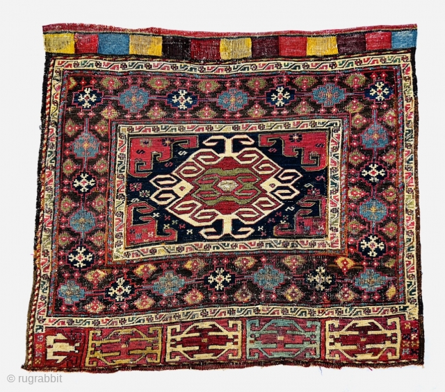 Shahsevan soumac bagface circa 1870 all good natural colors. woven with silver thread in the center,very good condition,size 54x62cm              