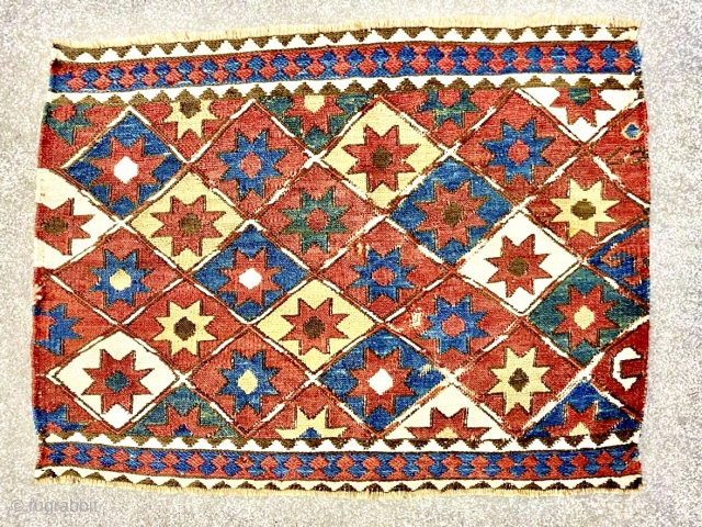 Sweet Shahsavan Sumack mafrash end panel. Cm 42×55. At least end 19th century.
Wonderful all star pattern, also called the ceiling of nomads.
Awesome, natural, deep saturated colors. Condition:2 tiny holes. Really a small,  ...