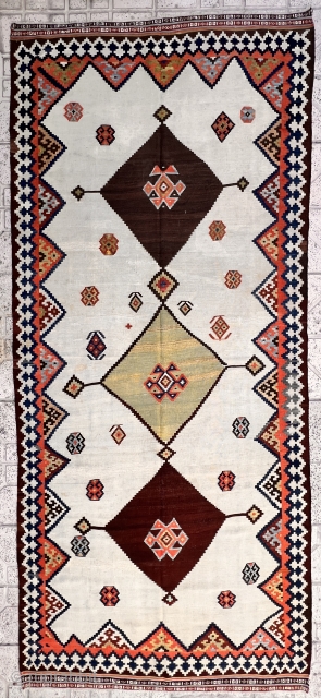 Amazing antique  Qashqai kilim circa 1880 all good natural dyes and good condition wool on wool with few repairs on the green central medallion visible from the photos  ,very fine  ...