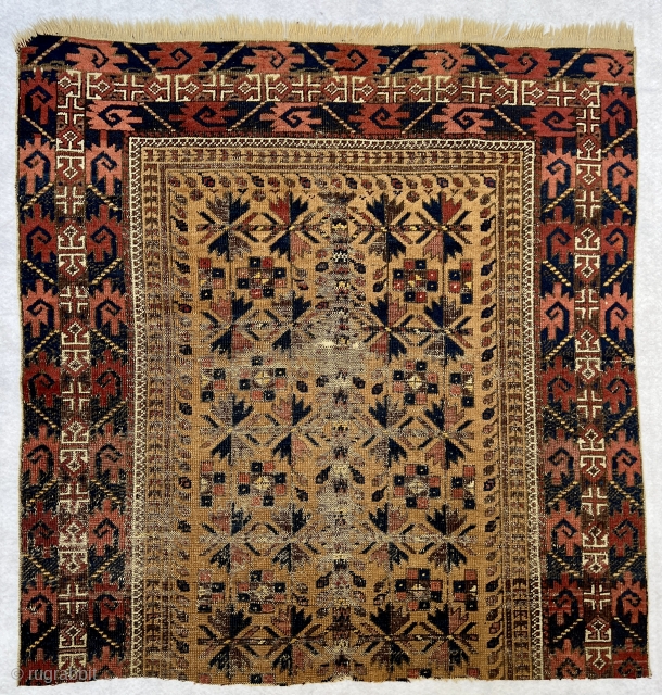 Early 19th century Baluch fragment with Fantastic rare border,size 85x80cm.                       