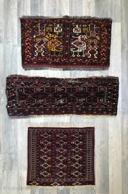Lot of three Turkmen trappings. Ersari mafrash, Saryk torba and Tekke bagface. Condition is very good except for the Saryk torba which has some serious wear but also good age.   