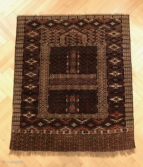 Lovely Turkoman Engsi, finely woven and in notably good condition. All natural dyes with mostly deep brown/aubergene background tones. Size 130 x 109 cm. Priced reasonably.       