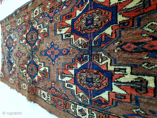 Large antique Turkmen "Eagle Gul Group ii" torba or wedding trapping. Asymmetric knot open right, with cotton in weft. Great wool quality and all natural dyes. Very good condition with only partially  ...