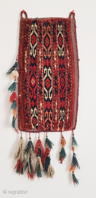 Yomud group Igsalyk (small storage bag). Complete with backside and tassels. All natural dyes. Measures 50 x 26 cm (20"x10").             
