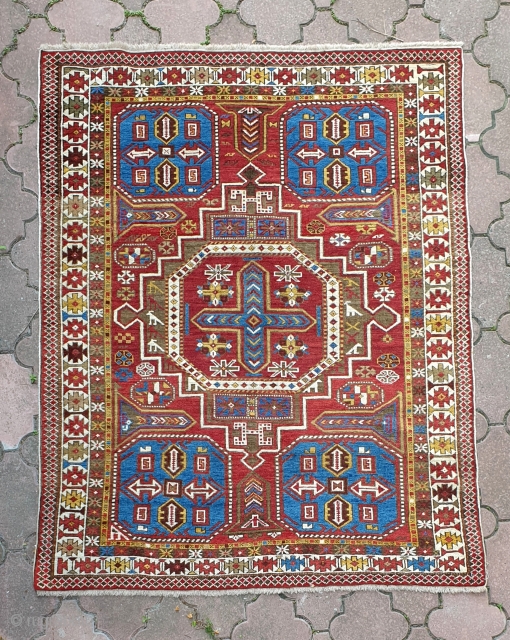 Antique classic Caucasian Konagkend rug, from Kuba region, Azerbaijan, with good bright colors and in overall near mint condition, with some corrosion of the brown pile, as is common in weavings of  ...