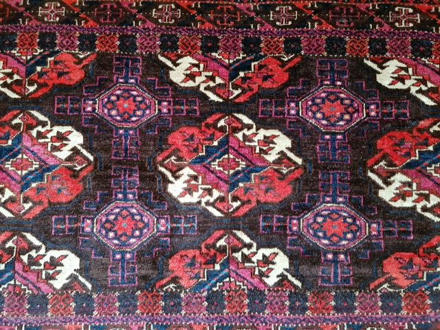 Wonderful rare type 19th century Turkmen Arabatchi three-gul chuval. 80X152 cm (31.5 x 60 inch). Magnificent color and wool quality. In full pile condition with minimal loss to the elem. Washed professionally  ...