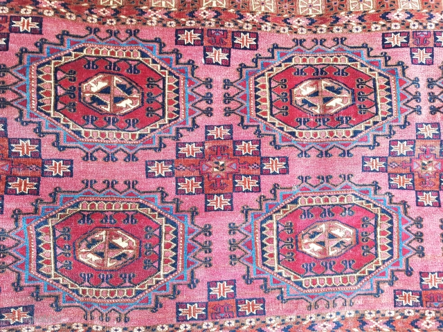 Very finely woven 19th century Turkmen Tekke chuval with wonderful Salor guls and charch-palak secondary guls. Measures: 86X126 cm (34X49 inches).            