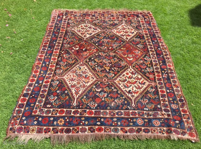 Genuine 19th century Qashqai Khamseh. Lots of chicken. Softest wool and great natural dyes. True tribal rug. In good condition with some old restorations including through some felt pads on the backside  ...