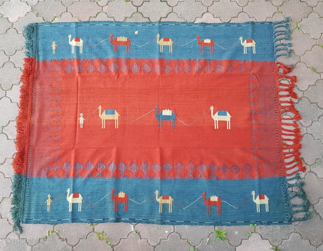 Gorgeous Caucasian Azeri village Verneh or shadda cover. Depicting three camel caravans. All natural dyes. Size is 172 x 200 cm. Very good condition.         