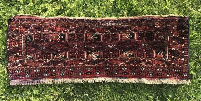 19th century Turkoman Saryk torba. Very finely woven. All natural saturated dyes. Soft like velvet. Cotton whites. Condition issues as shown including moth bites and reduced left side. Attractive kedjebe format, top  ...