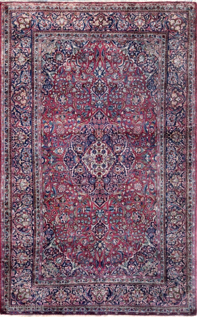 Antique silk woven Kashan rug. Beautiful colors: pomegranate red and royal blue. 199 x 128.                  