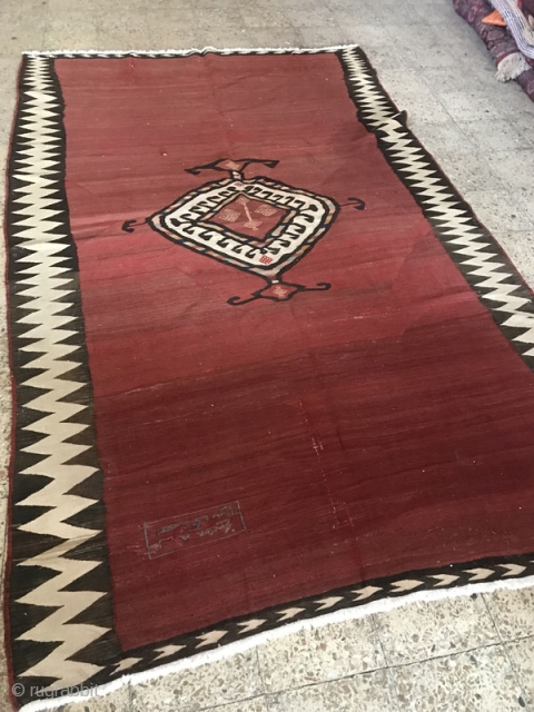Azarbaijan kilim,with writting(katibeh) and a date that showes it was weaved in a bahaei familly 90 years ago,the date is written by the date of Bahaeis(Tarikh badi e bahaei 85),Size:320x198 cm  
