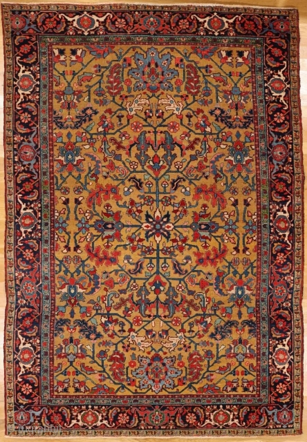Heriz carpet from north west Persia

Age: circa 1900

Size: 9′.6″x6′.7″ (290×201 cm)

This yellow ground north west Persian Heriz carpet shows a centralized pattern developing from an eight petal center which radiates palmettes and  ...