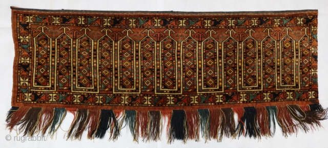 ca.1900 Rare design Ersari Torba missing one side, Size:41x127 cm 1.4x4.2 ft, Available for sale at my larta online net, please look at below link for more details and price,
https://www.larta.net/larta-online/rug.php?id=19&pid=645   