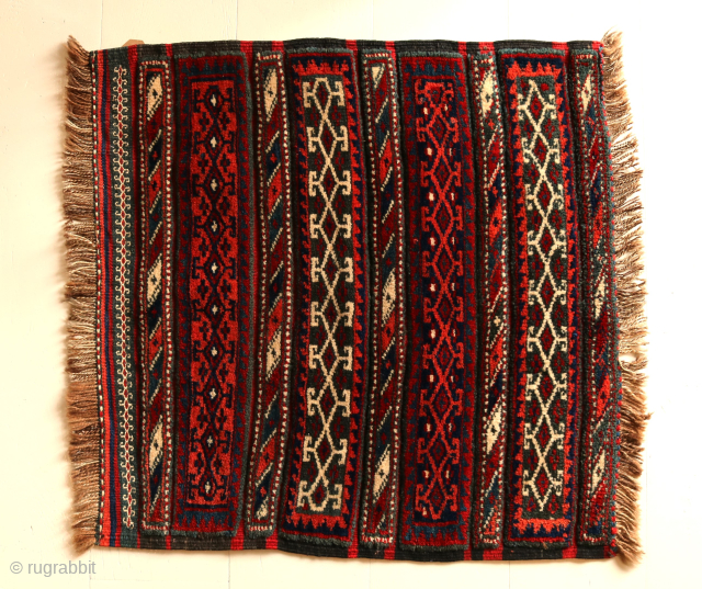 
Ca. 1920 68 x 68 cm. Persian Veramin. Alternation of high pile with Kilim. Overall excellent condition, border intact, so sign of wear. Contrasting colours and design.      