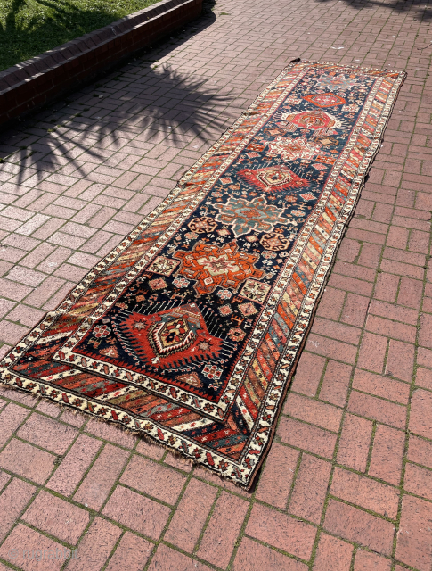 Antique Azerbaijan Karadag carpet circa 1900, good pile good condition except one end border. Size: 430 x 110 cm // wool and cotton mixed foundation. Please contact directly via WhatsApp or e-mail ...