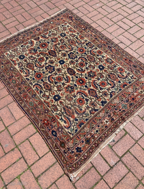 Antique Afshar rug circa 1920, natural dyes and camel hair. Has some moth damaged places but general pile is good. Wool on cotton
Size : 175 x 142 cm (4’7 x 5’8) please  ...