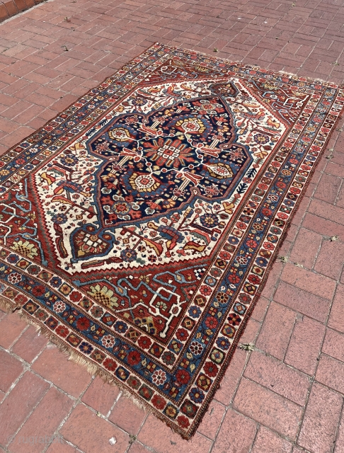 Second half of 19th Century Khamseh rug, natural dyes. It has some old repair places and need some repair. Size : 228 x 155 cm        