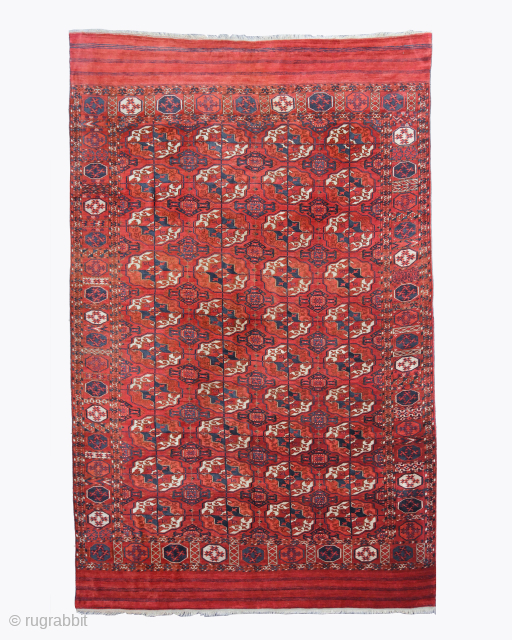 Tekke Main Carpet
Size: 195×300 cm
An excellent Tekke Turkmen main carpet of small room size.The clear madder red field has well drawn large round Tekke guls. The border is of the sunburst and  ...