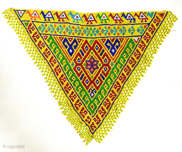 Antique  Baluch glass beaded triangle with caravan design.  Please Contact this email for more information. hamidparsacarpet@yahoo.com               