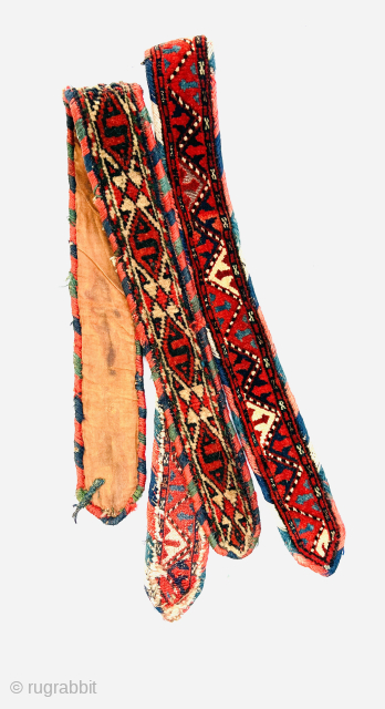 Couple of antique Turkmen piled bands for domestic use. The size of each 100x6 Cm 82x6cm Please Contact this email for more information.
hamidparsacarpet@yahoo.com          