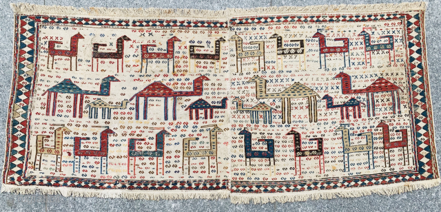 Caucasian Verneh 1870 circa,animal caravan horse,cotton foundation with some damage(Clear in the pictures) all drawings made with soumac technique,size150x61cm              