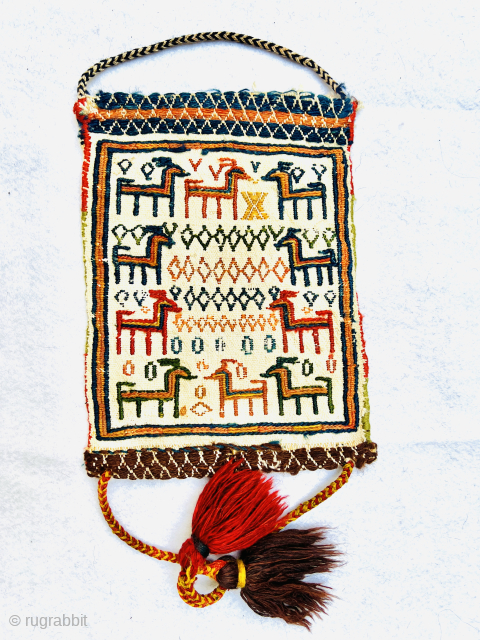 Beautiful Qashqai spoon bag,circa 1890 sumac technique on cotton size 35x25cm  13.8x9.8 inches Please Contact this email for more information.
hamidparsacarpet@yahoo.com
            