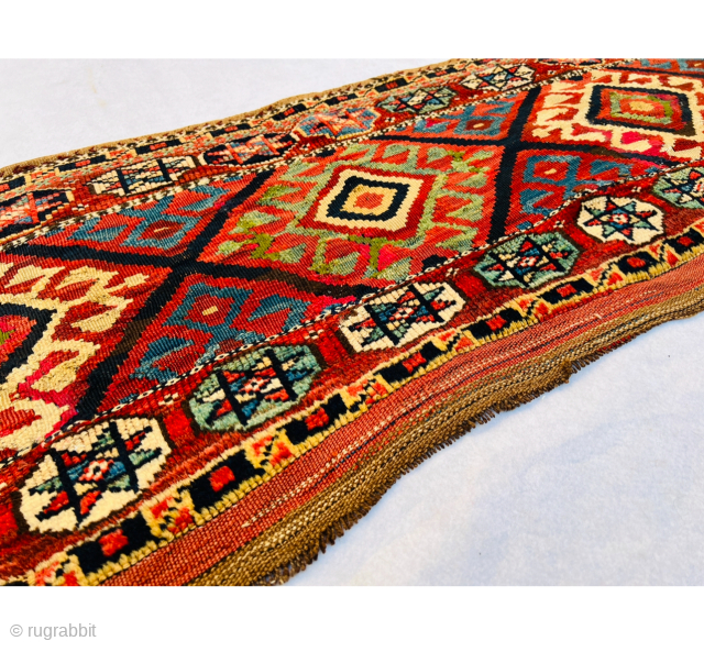 “Shahsevan Mafrash panel, circa 1870. All colors are vegetable-based, with two weaving techniques: the knotted part with a star design, and the central part with the kilim-weaving technique, with some old minor  ...